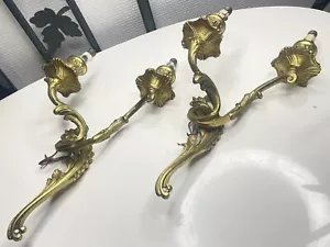Magnifique Anciennes Paires D’appliques Murales En Laiton Doré Antique Début XXe - Foto 1 di 24
