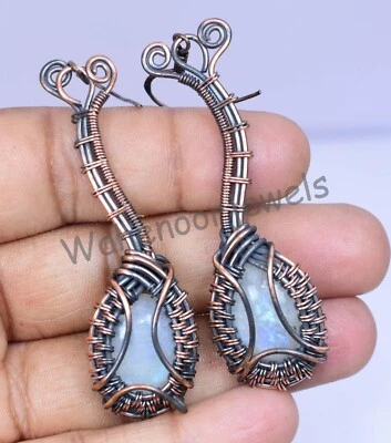79.60 Ct Beautiful White Moonstone Copper Wire Wrapped Earring Copper Jewelry - Image 1 of 4