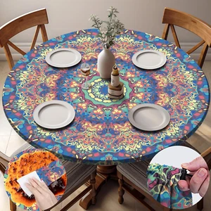 Round Tablecloth Waterproof Fitted Boho Vinyl Table Cloth Summer Fall Outdoor Ci - Picture 1 of 12