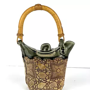 Tetera de cerámica artística con mango de bambú diseño estampado decorativo firmado - Imagen 1 de 18