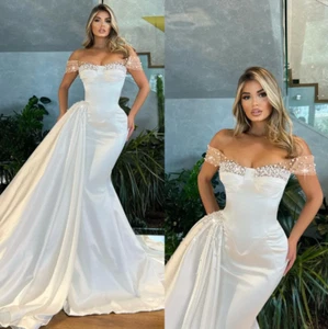 Elegant Satin Mermaid Wedding Dresses Illusion Pearls Off Shoulder Bridal Gowns - Picture 1 of 9