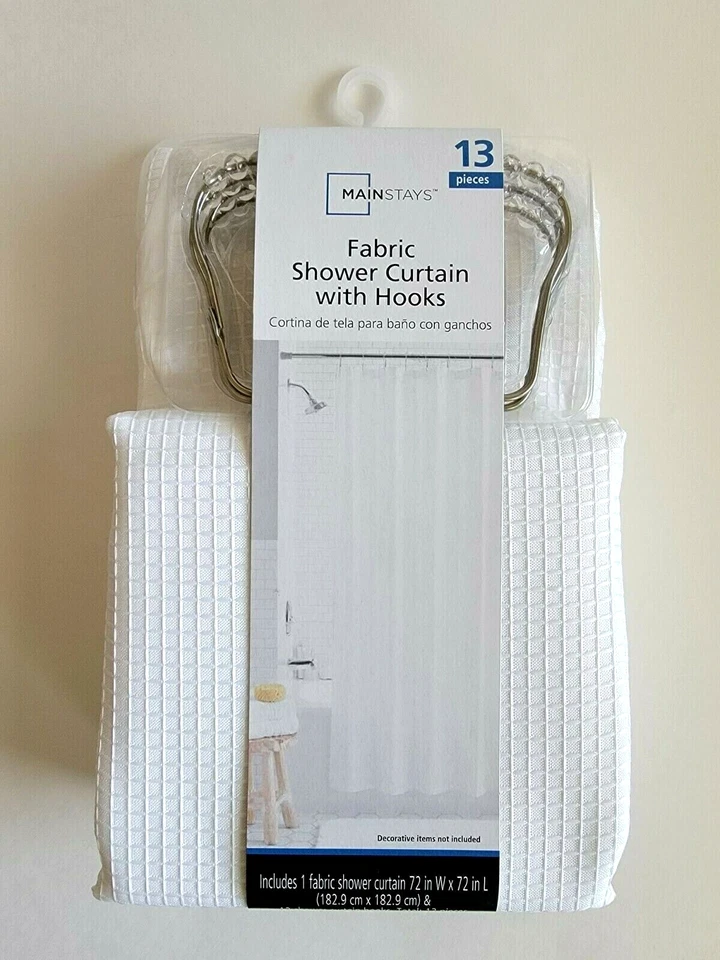 Mainstays Fabric Shower Curtain w/ Hooks Arctic White Waffle 72" " 13 Piece 