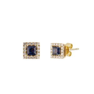 0.60 Ct Natural Blue Sapphire Diamond Halo Stud Earrings Solid 14k Yellow Gold - Picture 1 of 8