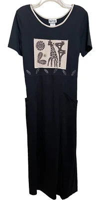 Vintage Nina Piccalino Made In USA Size 10 Black Cotton Art To Wear Maxi Dress - Image 1 of 4