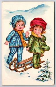 Vintage C1930 Postcard Gel with Gold, Children Playing With Sled - Picture 1 of 2
