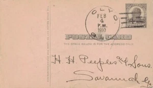 CLYO, Georgia Doane Cancel Feb 4, 1910 Type 3 No 4 Effingham Co. Govt. Postal - Picture 1 of 1