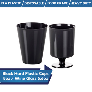 Black Plastic Wine Glasses 5.6oz & Tumbler Cups 8oz Black Party Decorations