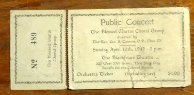 Ingresso para concerto 1942 - Blackfriars Theatre NY - Benefício para as irmãs coloridas - Imagem 1 de 2