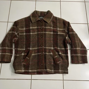 VTG Braetan S Brown Red Plaid Sherpa Fleece Jacket Button Front Made in USA - Picture 1 of 4