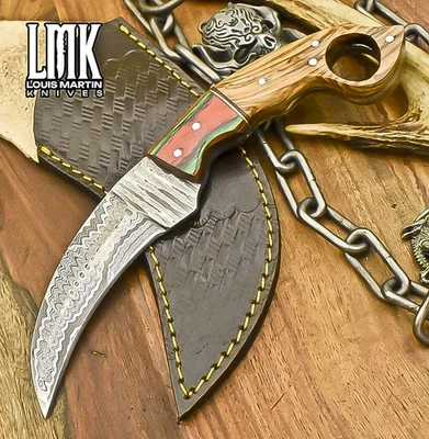 LMK Hand Forged Karambit Knife Ladder Damascus Olive Wood Wooden Bolster Gift - Image 1 of 4
