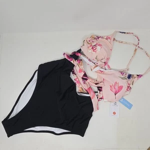 CUPSHE Damen Badeanzug Einteiler L schwarz pink Blumenausschnitt verstellbarer Träger Neu mit Etikett - Bild 1 von 13