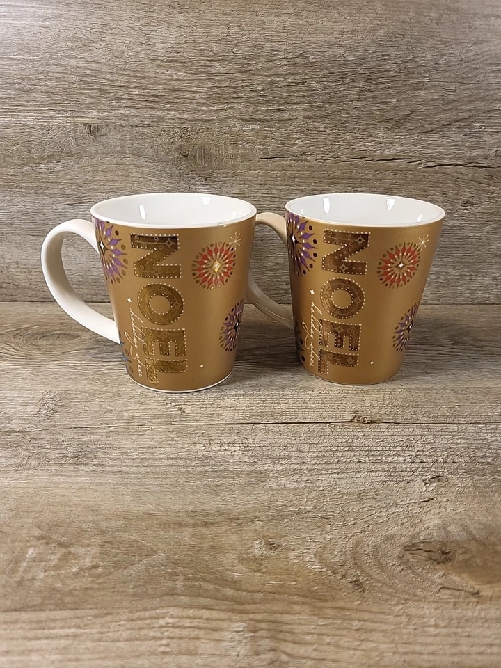 Set Of 2 2006 Starbucks Gold 14 oz, NOEL Christmas Coffee Mugs/Cups ☕️ 23W  - Image 1 of 4