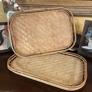 SET OF 4 BAMBOO WICKER RATTAN RECTANGULAR SERVING LAP TRAYS - Picture 1 of 4