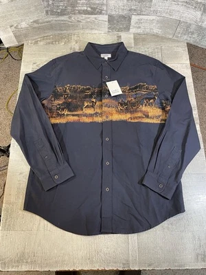Croft & Barrow Men's Large Button-Down Navy Shirt With Deer & Forest Print - Image 1 of 4