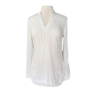 Valerie Stevens weiß Blumen bestickt V-Ausschnitt Leinen LS Tunika Top Größe Small - Bild 1 von 8