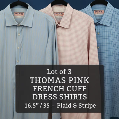 Lot 3 Thomas Pink Men’s French Cuff Shirts 16.5 35 Plaid & Stripe Dress 89cm 46" - Image 1 of 4