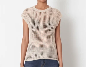 ECOTE Crochet Knit Top Size Small Natural Beige Cotton Blend Open Weave Boxy - Picture 1 of 4