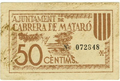 ☆ SPAIN CIVIL WAR 1937 • CABRERA MATARO 25c MUNIC ☆ GUERRA CIVIL ESPAÑOLA ☆C5650 - Image 1 of 2