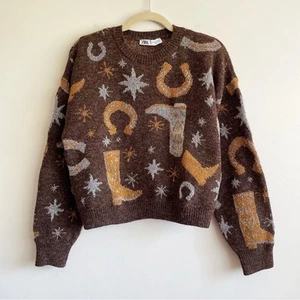 ZARA Western maglione cowboy donna taglia S Nashville ferro di cavallo jacquard metallizzato - Foto 1 di 8