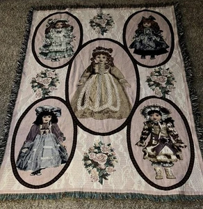 Vintage Chatham Porcelain Dolls Tapestry Woven Throw Blanket 50x67 Cotton EUC - Picture 1 of 12