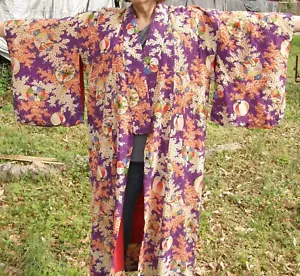 COLORFUL VINTAGE JAPANESE SILK KIMONO 48" LONG CORAL & WHITE BLOSSOMS ON PURPLE - Picture 1 of 24