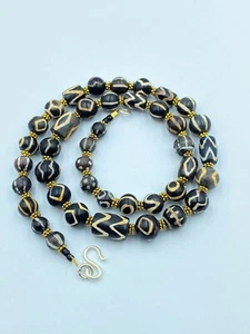 Ancient Pyu Dynasty Old Antique Black Etched Vintage Jewelry Trible Beads Mala - Picture 1 of 11