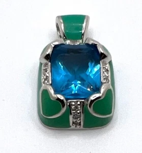 Sapphire CZ Enamel Pendant with CZ Accent Stones - 925 Sterling Silver 25mm - Picture 1 of 4