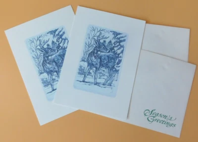 Lot of 2 NOS 1998 CLEO Christmas Holiday Cards Reindeer Blue & White w/envelope - Image 1 of 4