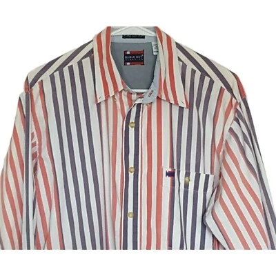 Vintage 90s Bugle Boy Mens M Long Sleeve Button Up Shirt Logo Cotton Striped - Image 1 of 4