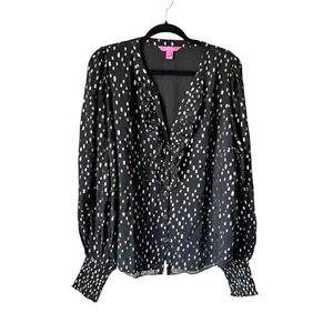 Lilly Pulitzer Black Gold Polka Dot Ruffle V-Neck Puff Sleeve Blouse Womens XL - Picture 1 of 10