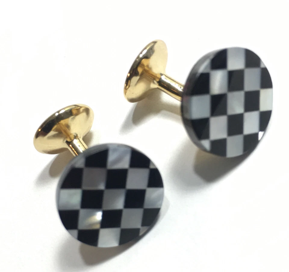 Black and White Checkerboard Mother of Pearl Mens Cufflinks Casino Racing - Image 1 of 4