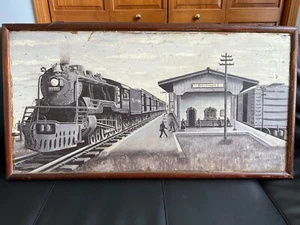 1940s RAILROAD TRAIN OIL PAINTING VILLACHUATO STATION ANTONIO GOMEZ DIAZ MEXICO - Picture 1 of 21