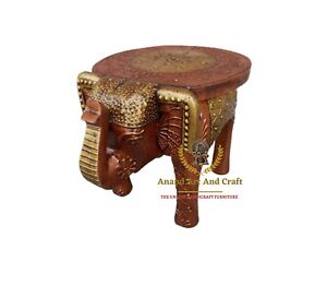 Wood Elephant Stool Hand Made Copper Gold Embossed Painted Indian Art