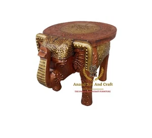 Wood Elephant Stool Hand Made Copper Gold Embossed Painted Indian Art - Picture 1 of 8