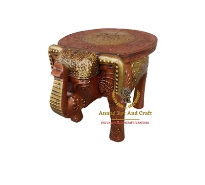 Wood Elephant Stool Hand Made Copper Gold Embossed Painted Indian Art - Image 1 of 4