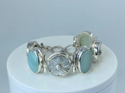 Vintage 925 Sterling Silver Moonstone Carved Mother Of Pearl Flower Bracelet - Image 1 of 3
