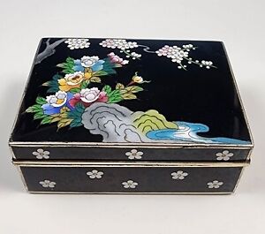 Vintage Inaba Japanese Cloisonne Enamel Trinket Jewelry Cigarette Box Showa Era