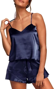 Aamikast Womens Silk Satin Pajama Sets Sexy Cami Ruffled Shorts Sets 2 Piece Pjs - Picture 1 of 28