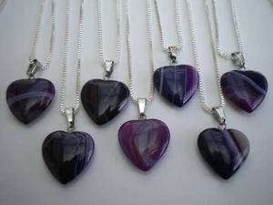 PURPLE ONYX/AGATE CRYSTAL GEMSTONE HEART PENDANT 925 STERLING SILVER NECKLACE - Picture 1 of 10