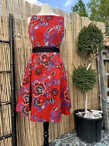 Per Una M&S Bohemian Floral Printed Fit & Flare Red Mix Belted Dress UK Size 12 - Picture 1 of 5