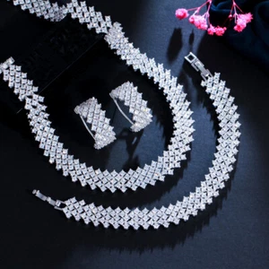 CZ Tennis Wedding Necklace Earrings Bracelet Set White Gold Jewelry Accessories - Bild 1 von 7
