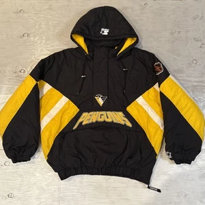 Vintage 90s NHL Starter Pittsburgh Penguins Pullover 1/2 Zip Hooded Jacket Sz XL - Picture 1 of 23
