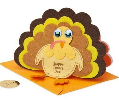 5 "Let the Gobbling Begin!" 3D HM Felt Turkey THANKSGIVING CARDS Papyrus $40 RTL - Image 1 of 3