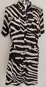 NWT SHARAGANO Button Belted Short Sleeve Lined Zebra Women Dress Sz 14 - Picture 1 of 12