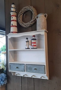 Wandregal Holz mit Schubladen & Haken - Shabby Chic Landhausstil Weiß, Braun - Bild 1 von 16