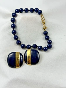 Monet Signed  SET  Bracelet Earrings Navy Blue Gold Tone Art Deco Style - Picture 1 of 12