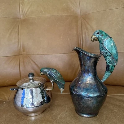 Pair Vintage Mexican Los Castillo Parrot Malachite Silverplate Sugar & Creamer - Image 1 of 4