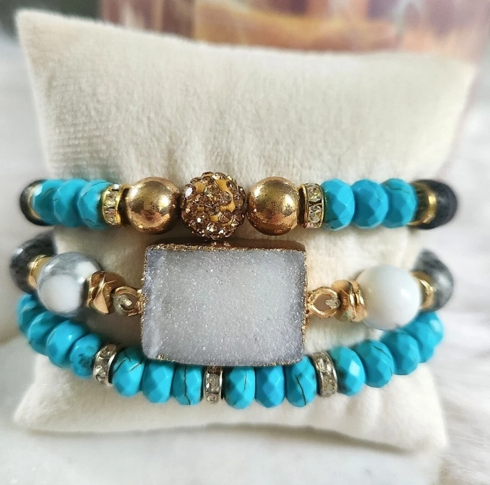 NWT Ryze Natural Lava Stone, Druzy, Larvikite, & Turquoise Bead Staxx Bracelets - Image 1 of 4
