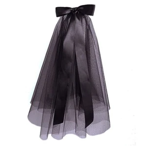 Short Black Wedding Veil 2 Tier Gothic Bride Veil Halloween Party Bow Veil wi... - Picture 1 of 5
