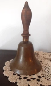 Vintage Old Fashion Brass School Bell with Wooden Handle - 7" tall - NICE sound! - Picture 1 of 11